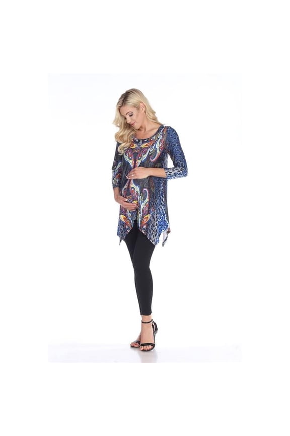MTR1300-01-M Maternity Arlene Tunic Top, Blue Multi - Medium