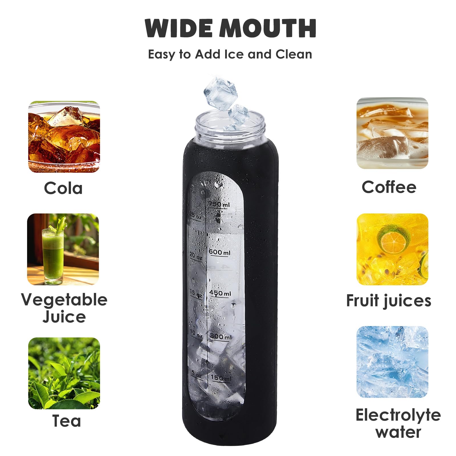 Glass Water Bottles 32oz with Silicone Sleeve Drinking Hydration Bottles Reusable Borosilicate Wide Mouth Motivational Water Flask Canteen with Time Marker Spout Lid and Brush