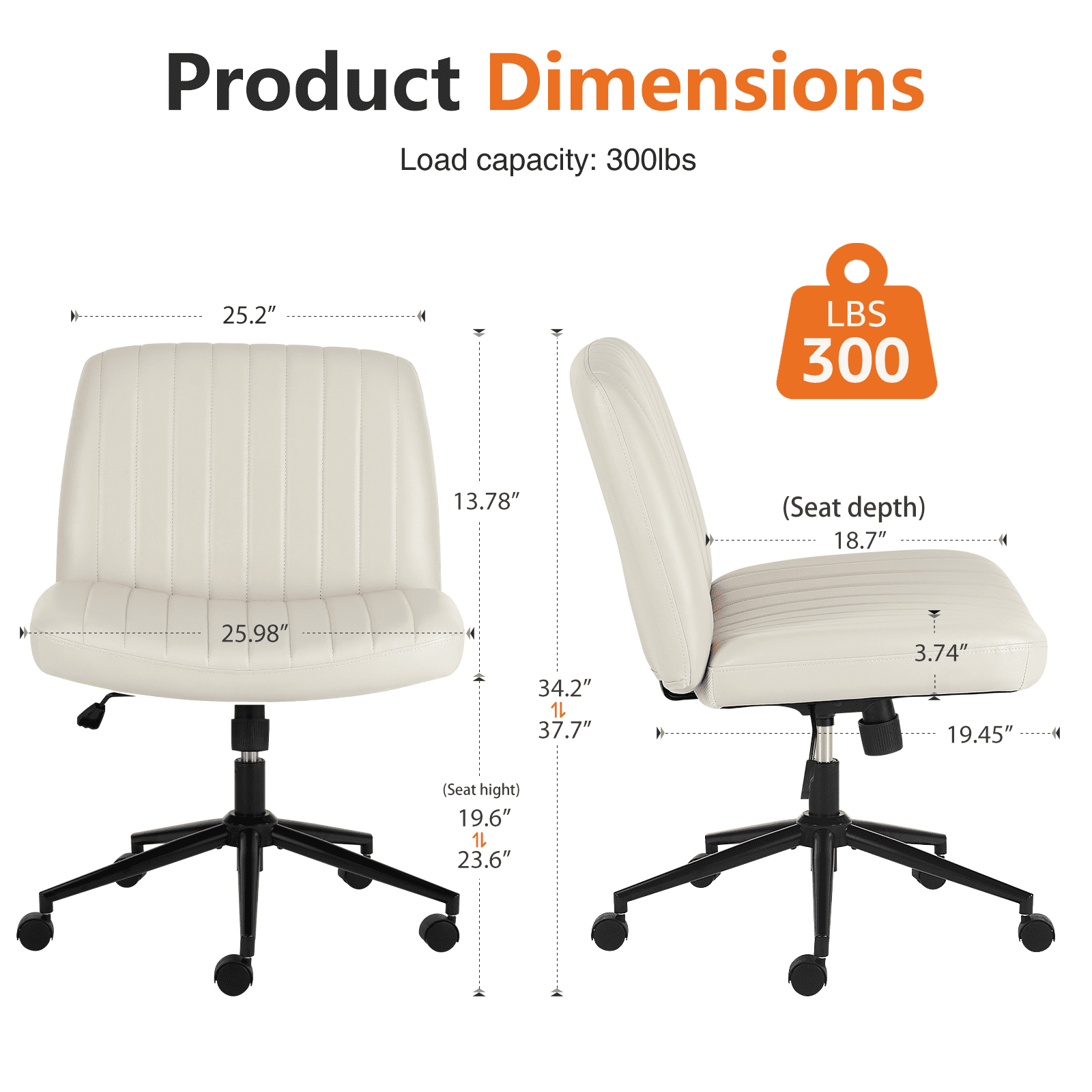 MAYEERTY Office Desk Vanity Chair Cross Legged Armless Swivel Fabric Height Adjustable Wide Seat with Replaceable Wheels/Fixed Base, Comfy Task Chair Padded