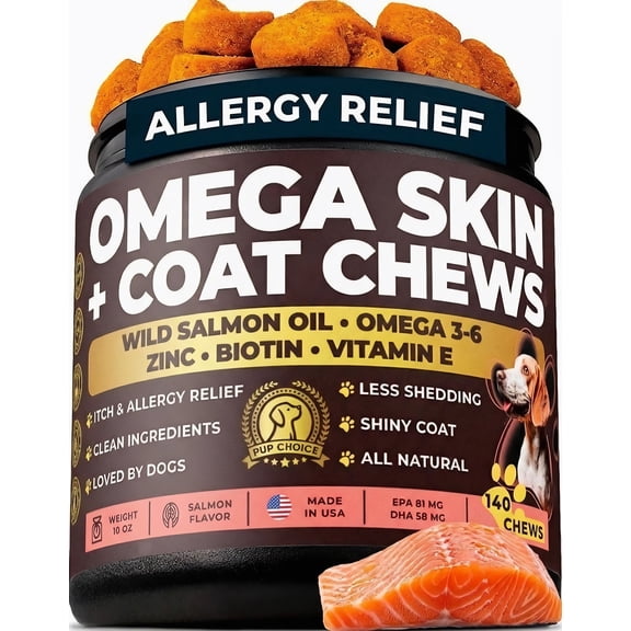 Pup Choice Omega 3 & 6 for Dogs – Wild Salmon Oil Skin & Coat Chews with Biotin, Zinc & Vitamin E | Supports Healthy Skin, Shiny Coat & Shedding | Salmon Flavor Soft Chews, 140 Count