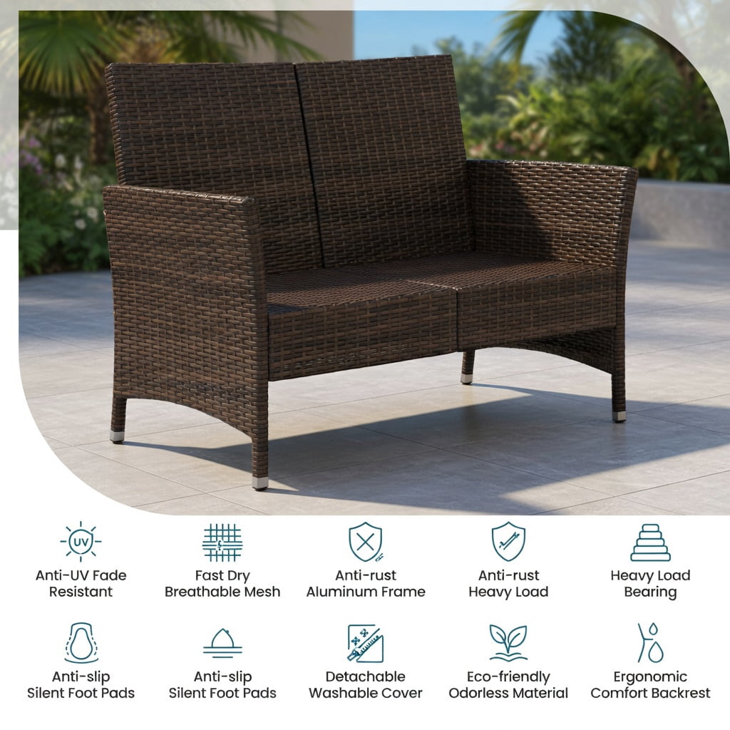 Hommoo 4-Piece Outdoor Rattan Patio Conversation Set with Plush Seat Cushions, PE Wicker, Tempered Glass Coffee Table, Peacock Blue
