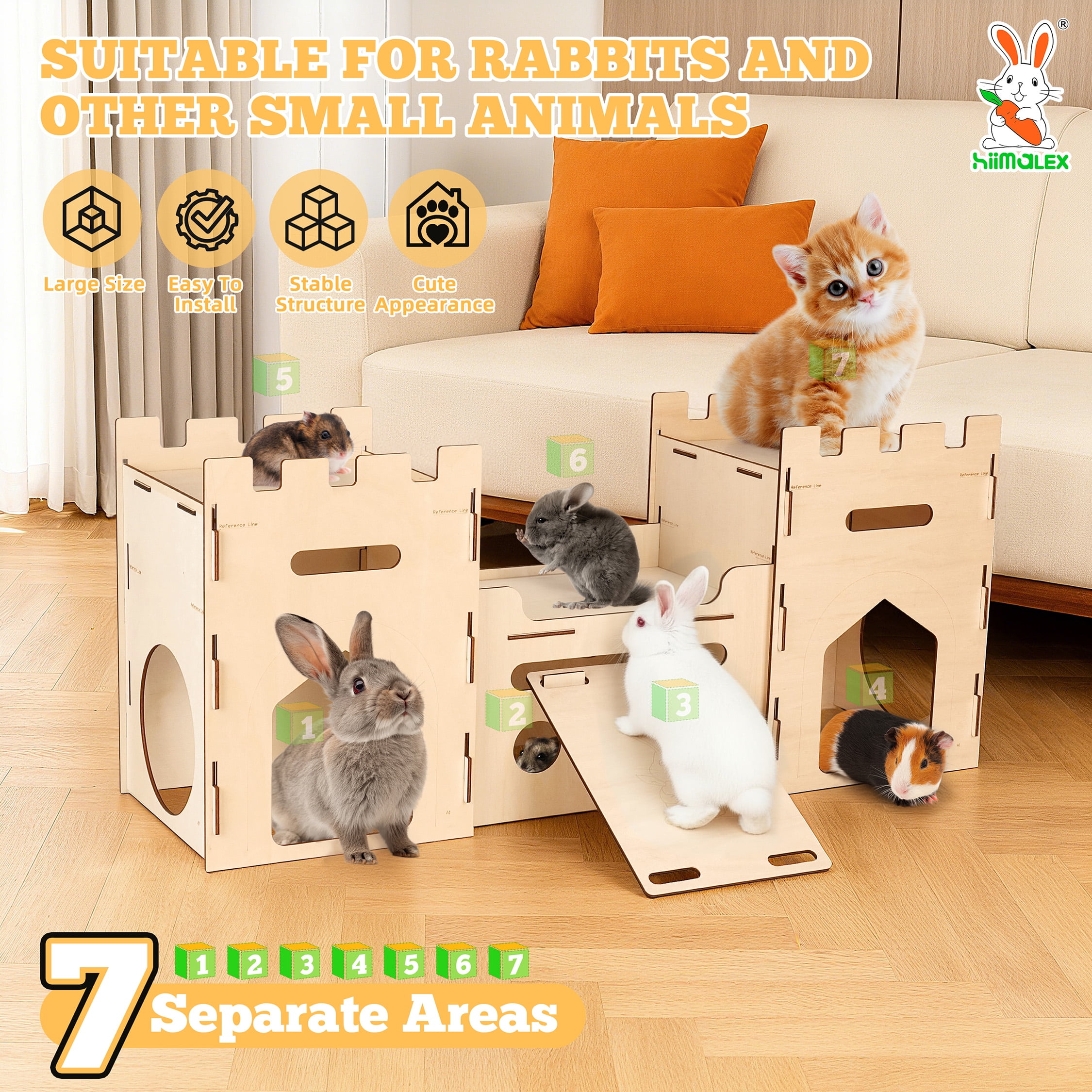 HIIMALEX Extra Large Wooden Bunny Castle House Multistory Climbing Tower Hideout Ventilated Sturdy Habitat for Rabbit Guinea Pig Chinchilla Ferret (T1 Castle)