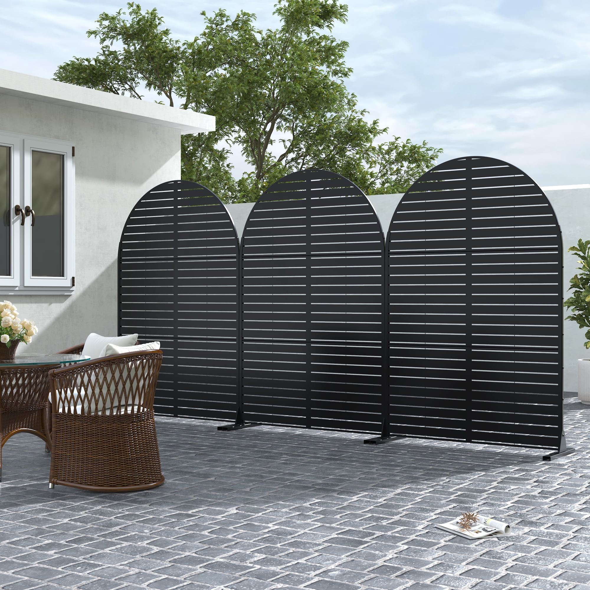 MAYEERTY 72*47" Outdoor Black Arched Metal Privacy Panel Screen for Patio, Classic Louvered