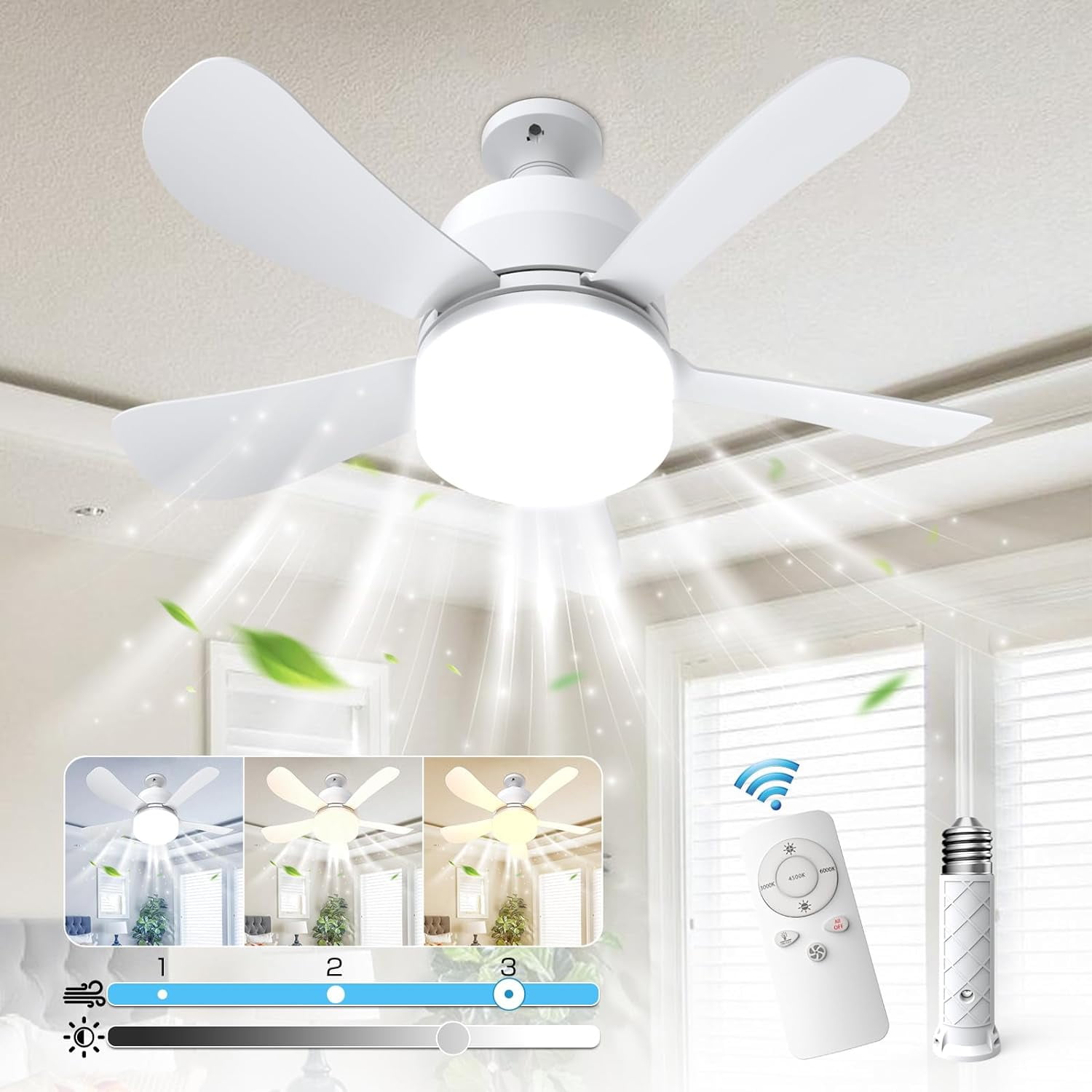 Socket Fan Light, 2000 Lumens 15" LED Ceiling Fans with Lights and Remote, 3000K-6500K Dimmable 5 Blades Screw in Ceiling Fan for Indoor Bedroom Living Room Cloakroom Kitchen Garage, White