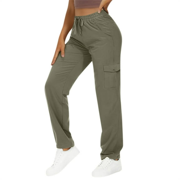 zejinsdCargo Pants Women's Solid Color Casual Workwear Drawstring Hiking Pants Loose Sports Pants Elastic Waist Workout Pants with Pockets