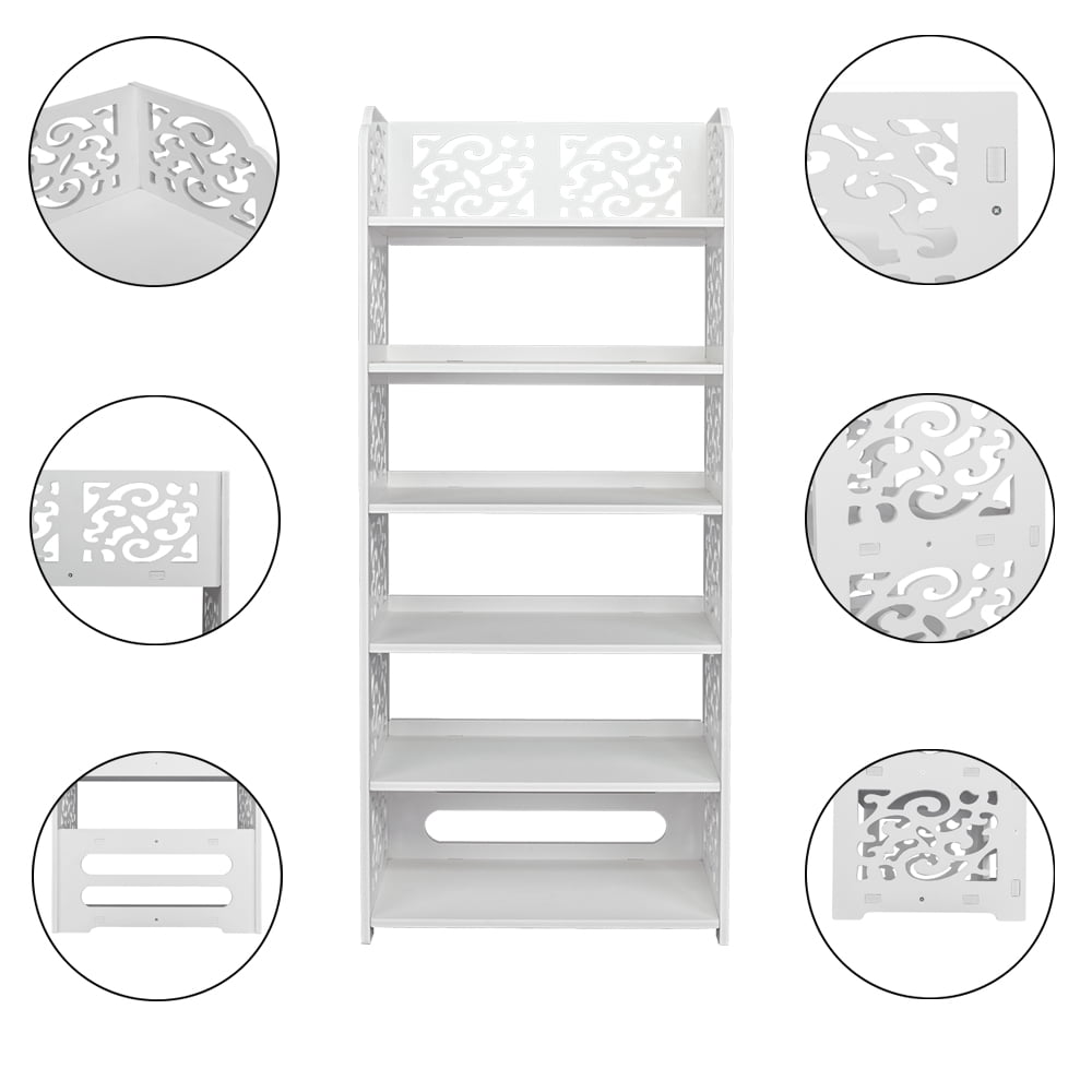 Wood-plastic Board Six Tiers Carved Shoe Rack - White - Stylish Waterproof Storage for Entryway, Living Room & Bedroom