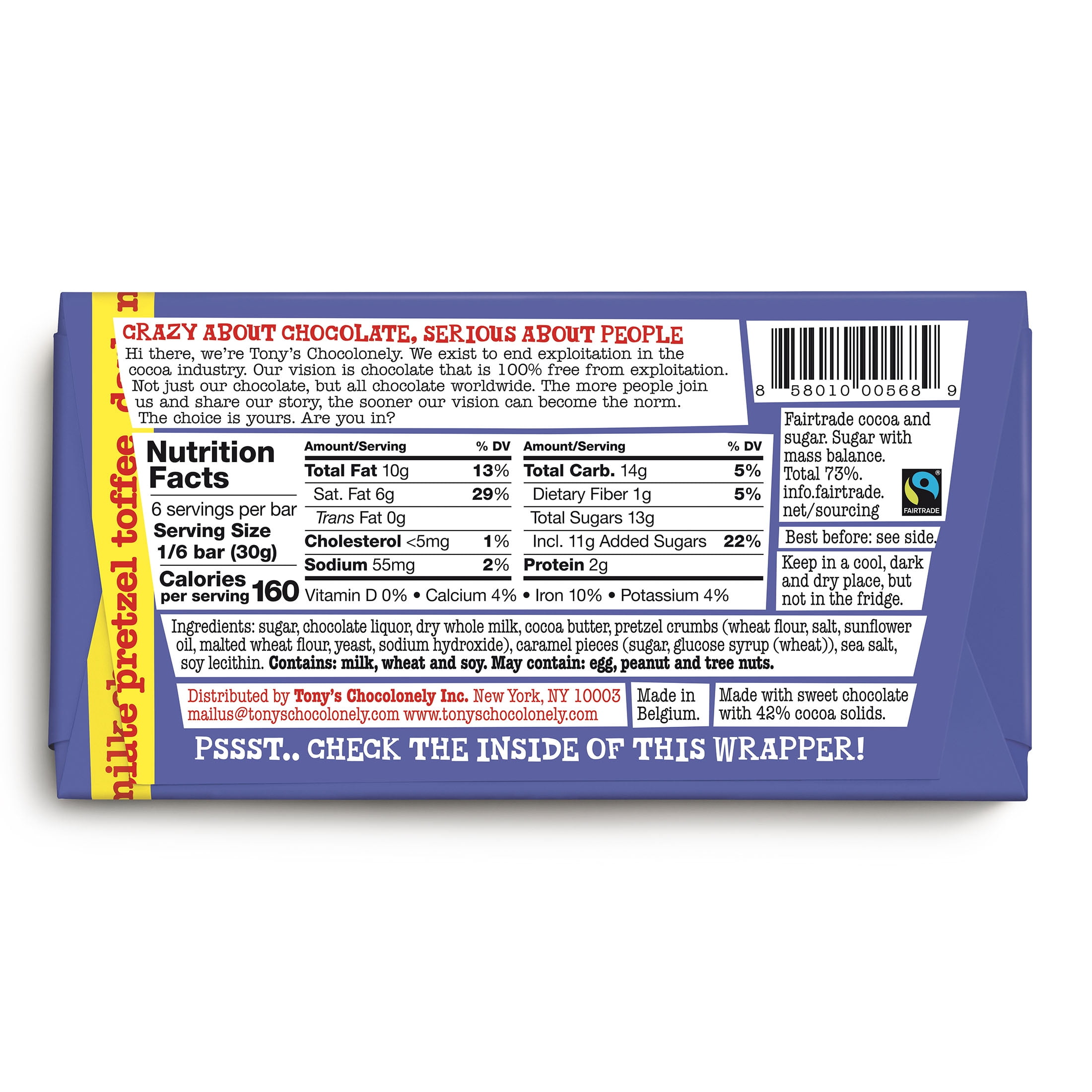 Tony's Chocolonely Dark Milk Chocolate Bar with Pretzel and Toffee, 6.35 oz