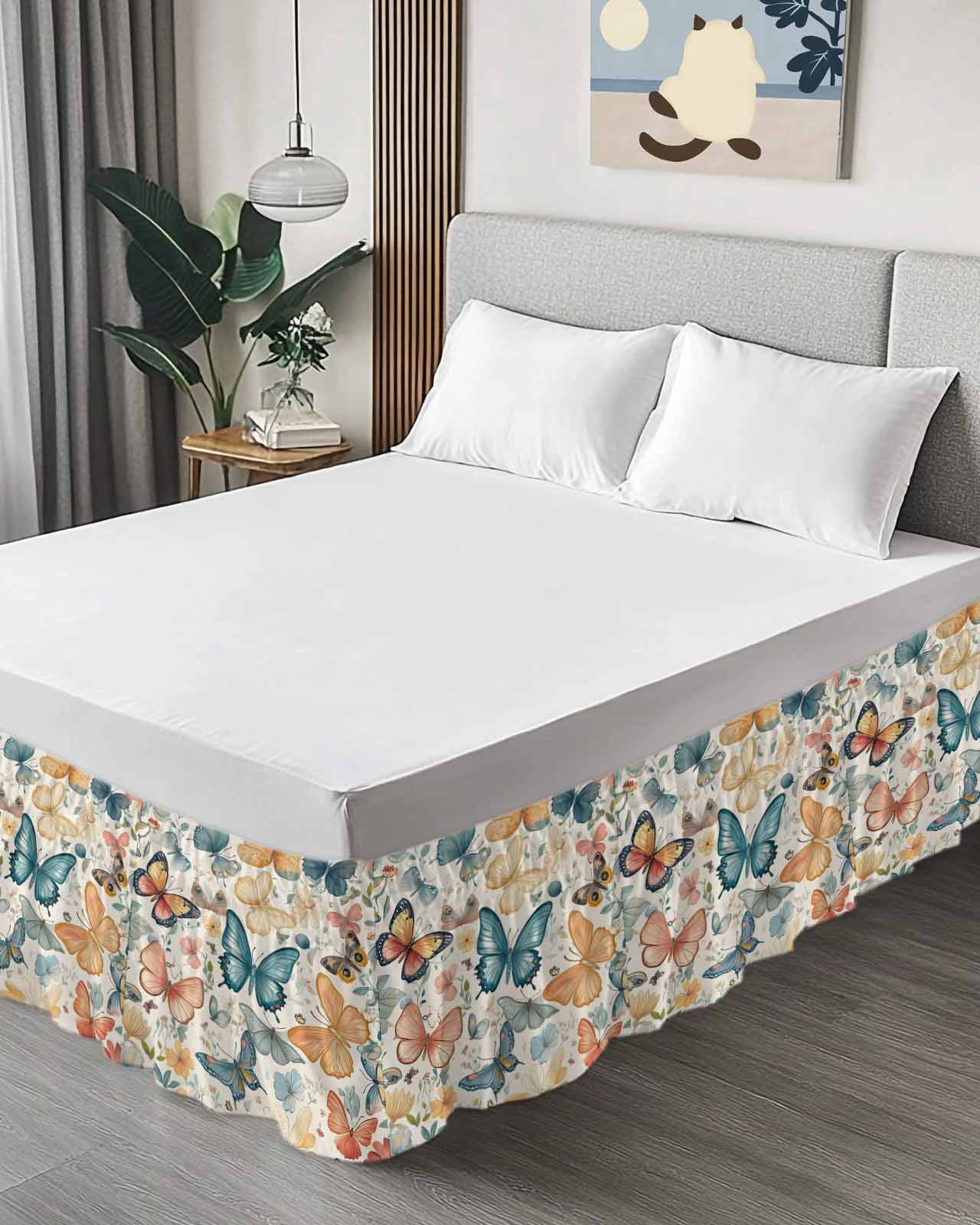 Butterfly Wrap Around Bed Skirts for Queen Bed 16" Drop,Bed Skirt with Adjustable Elastic Belt Dust Ruffle Bed Valance for Bedroom Hotel Retro Spring Leaves Country Aesthetic Flower Bed Frame Cover