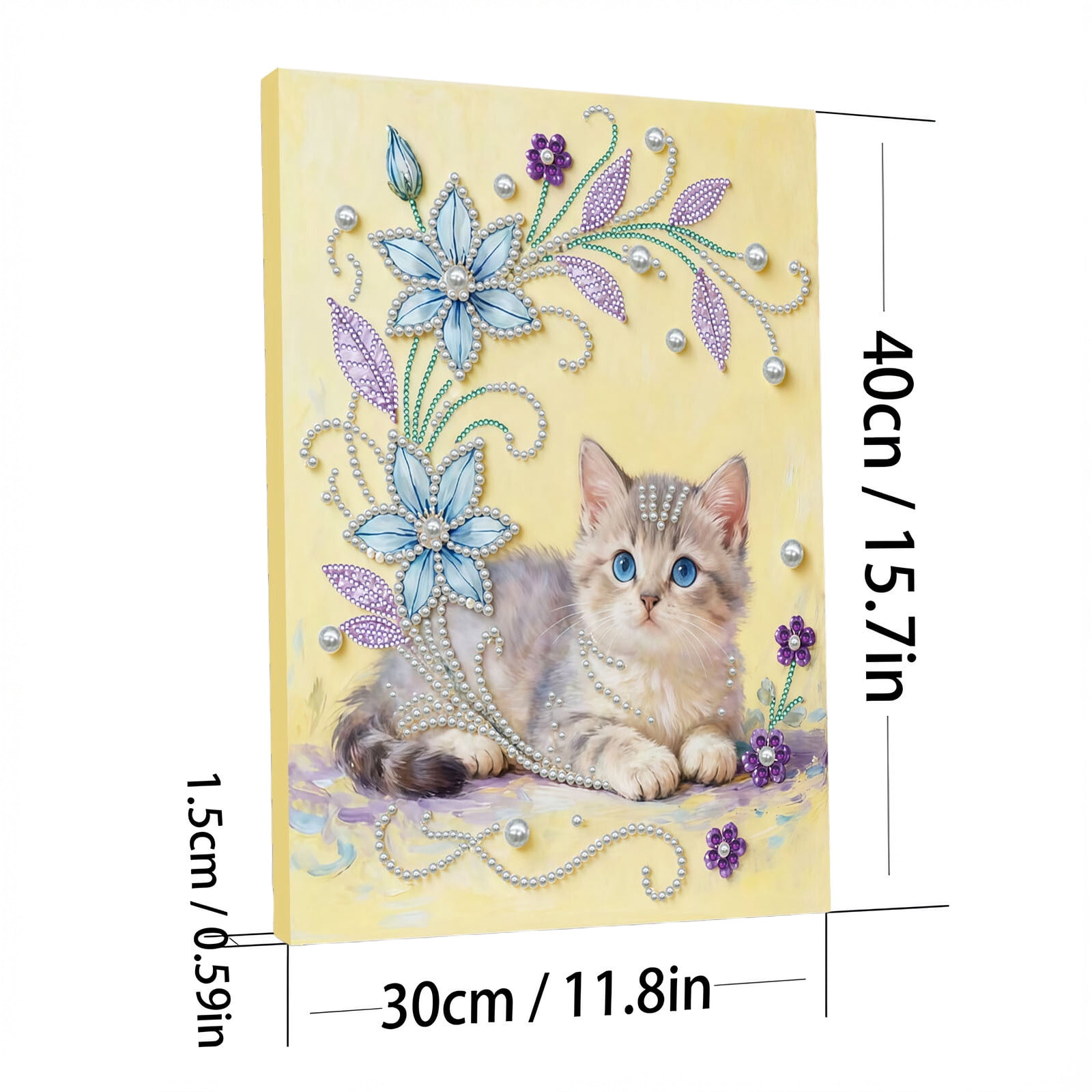 FLOPESN DIY Gemstone Pearl Diamond Art Painting Kit with Frame, 11.81x15.75in Colored Canvas, Home Decor Display for Tabletop and Wall -Cat