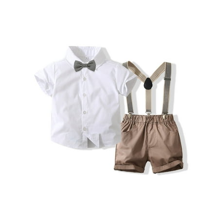 

Bagilaanoe 2Pcs Toddler Baby Boys Overalls Shorts Set Short Sleeve Shirt Tops with Bow Tie + Suspender Short Pants 12M 18M 24M 3T 4T 5T Kids Gentleman Formal Outfits