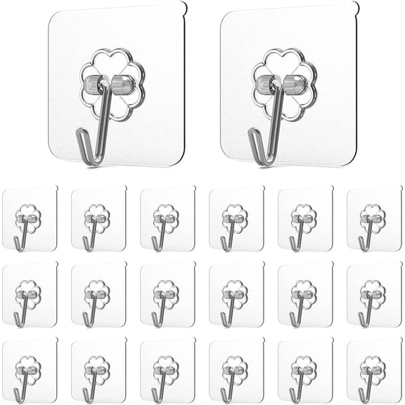 Adhesive Hooks for Hanging, Heavy Duty Wall Hooks 20 Pack, Removable Sticky Ceiling Hooks, Transparent Self Adhesive Shower Hooks, Water & Oil Proof Strong 22lb(Max) Door Coat Hooks