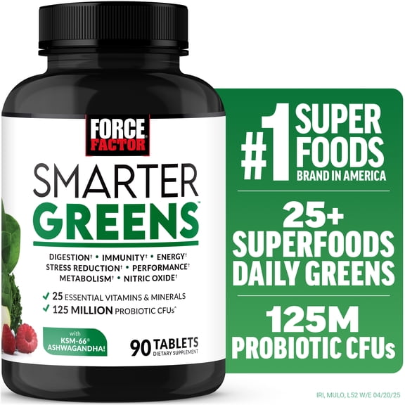 Force Factor Smarter Greens Supplement with Probiotics, KSM-66 Ashwagandha & Antioxidants for Digestion, Gut Health, Bloating & Energy, 90 Tablets