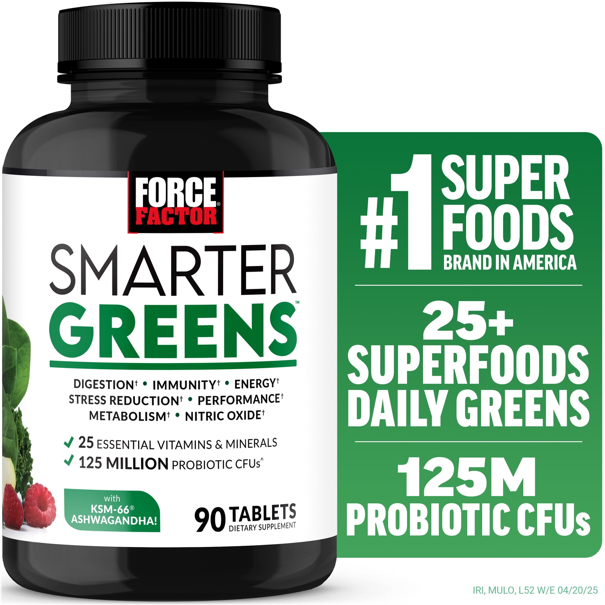 Force Factor Smarter Greens Supplement with Probiotics, KSM-66 Ashwagandha & Antioxidants for Digestion, Gut Health, Bloating & Energy, 90 Tablets