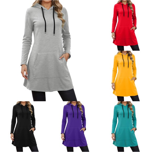 Tanghaowl Women's Sweatshirt Hoodies Sweatshirts Casual Long Sleeve Pocket Hoodie Dress for Fall Winter with Cozy Fit Grey S