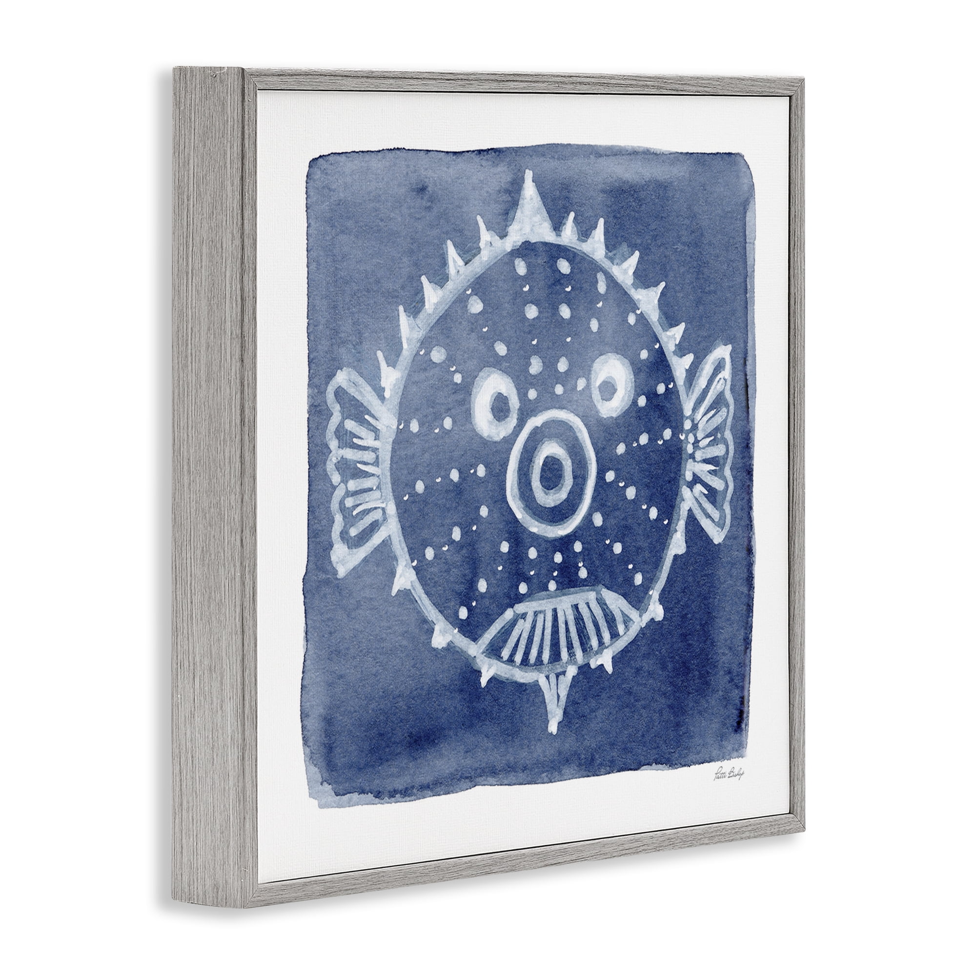 Stupell Industries White Blow Fish on Indigo Gray Framed Giclee Art, design by Patti Bishop