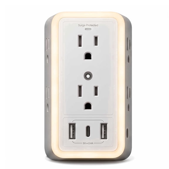 DAYBETTER Night Light Outlet Extender, 6 AC Outlets Splitter with 3 USB Ports (1 USB-C), Multi-Plug Wall Socket for Home Office and Dorm