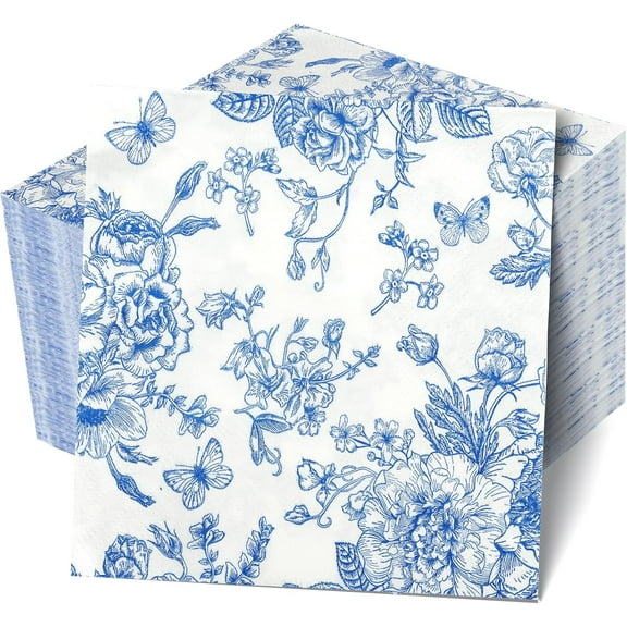 100Pcs Blue Floral Napkins Beverage Cocktail Napkin Disposable Blue and White Paper Dinner Napkin Fancy Decorative Hydrangea Flower Guest Hand Towel for Wedding Bridal Baby Shower Tea Birthday Party