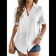 thumbnail image 2 of Camisa de Algodón con Botones y Dobladillo Enrollado para Mujer, de Corta, Informal, de Verano, con Cuello en V, para Playa. L, 2 of 8