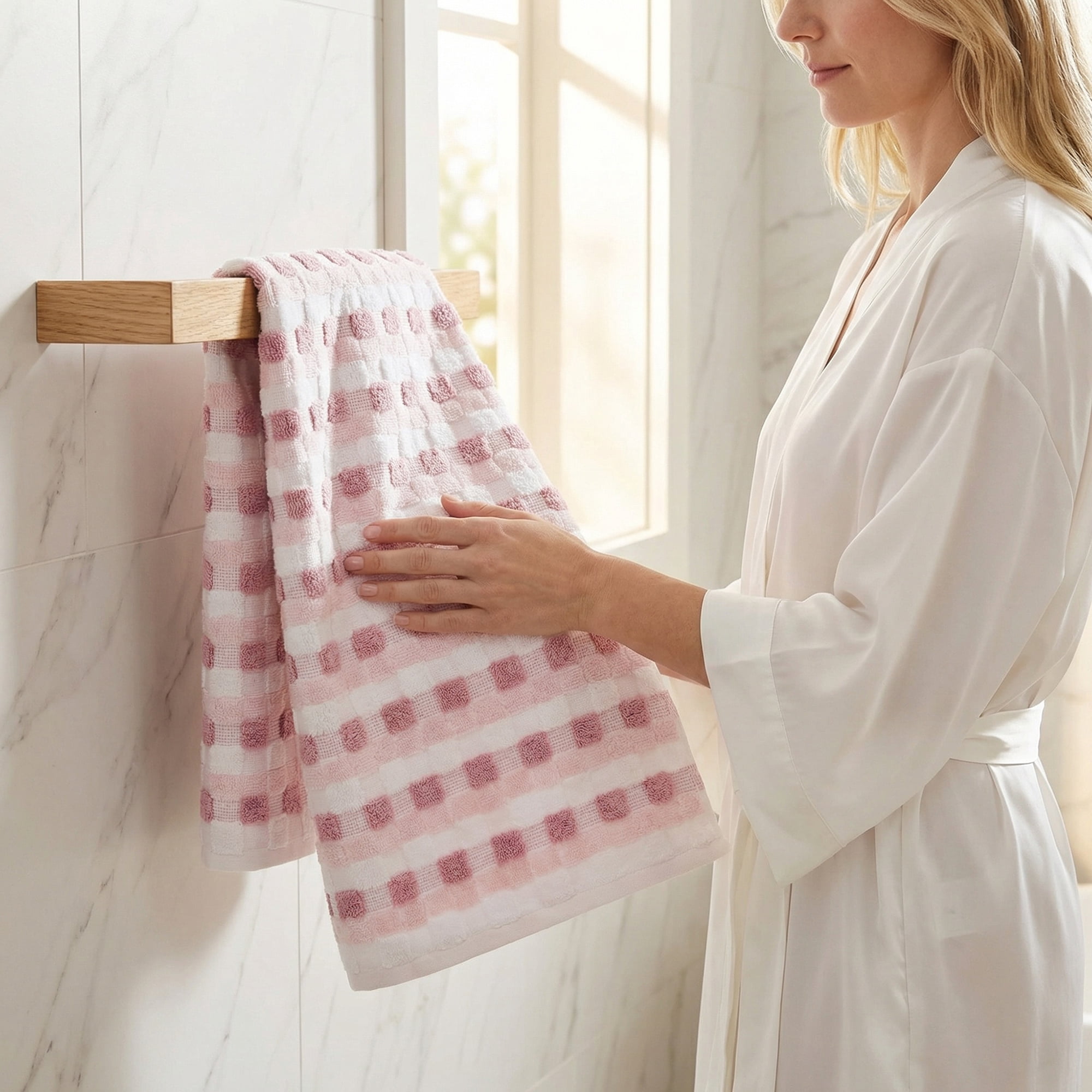 Unique Bargains Checkered Cotton Soft Absorbent Hand Towel Pink 2pcs 29" x 13"