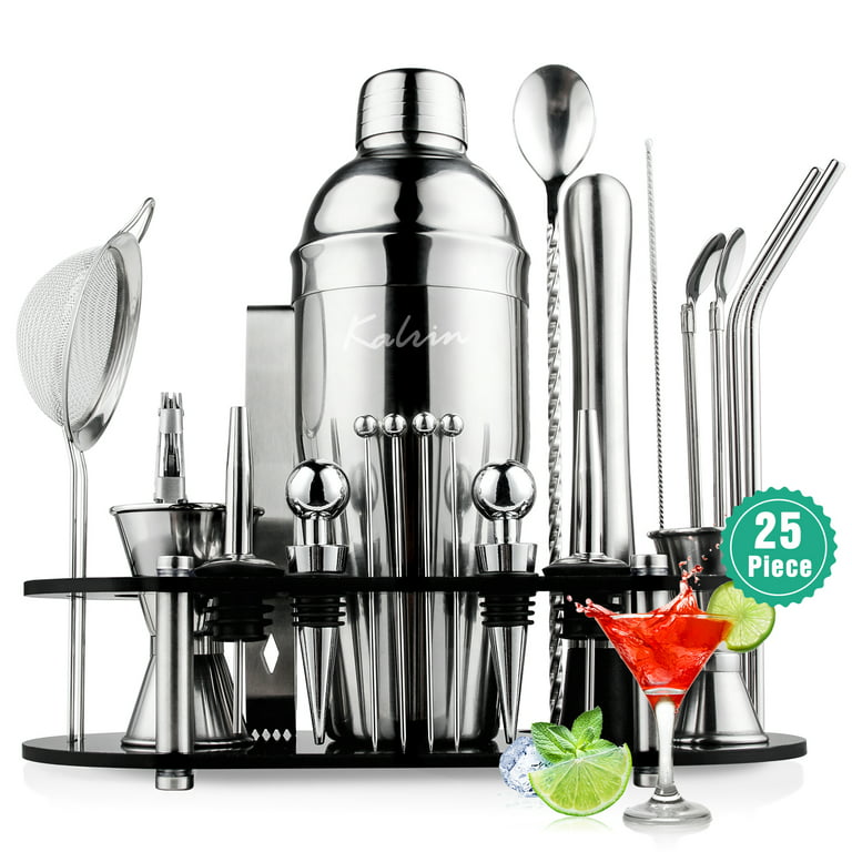 True Ultimate 14 Piece Barware Set with Wooden Stand, Bar Tools and Mixing  Glass, Craft Perfect Cocktails at Home, Essential Bar Tools, 14-Piece, Wood