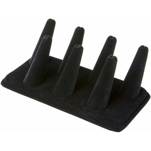 Plymor Black Velvet Ring Finger Display, Seven on Rectangular Base, 6.75" W x 3.5" D x 2.25" H