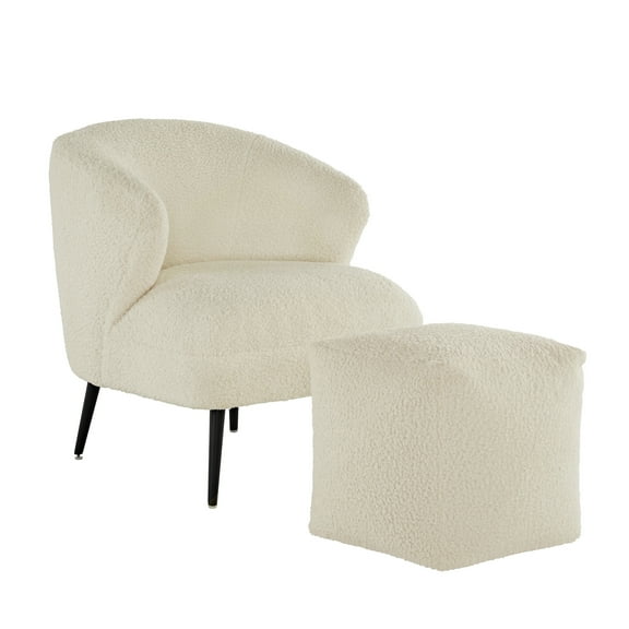 Weston Home Ditmars Modern Boucle Accent Chair with Cube Pouf Footrest, White