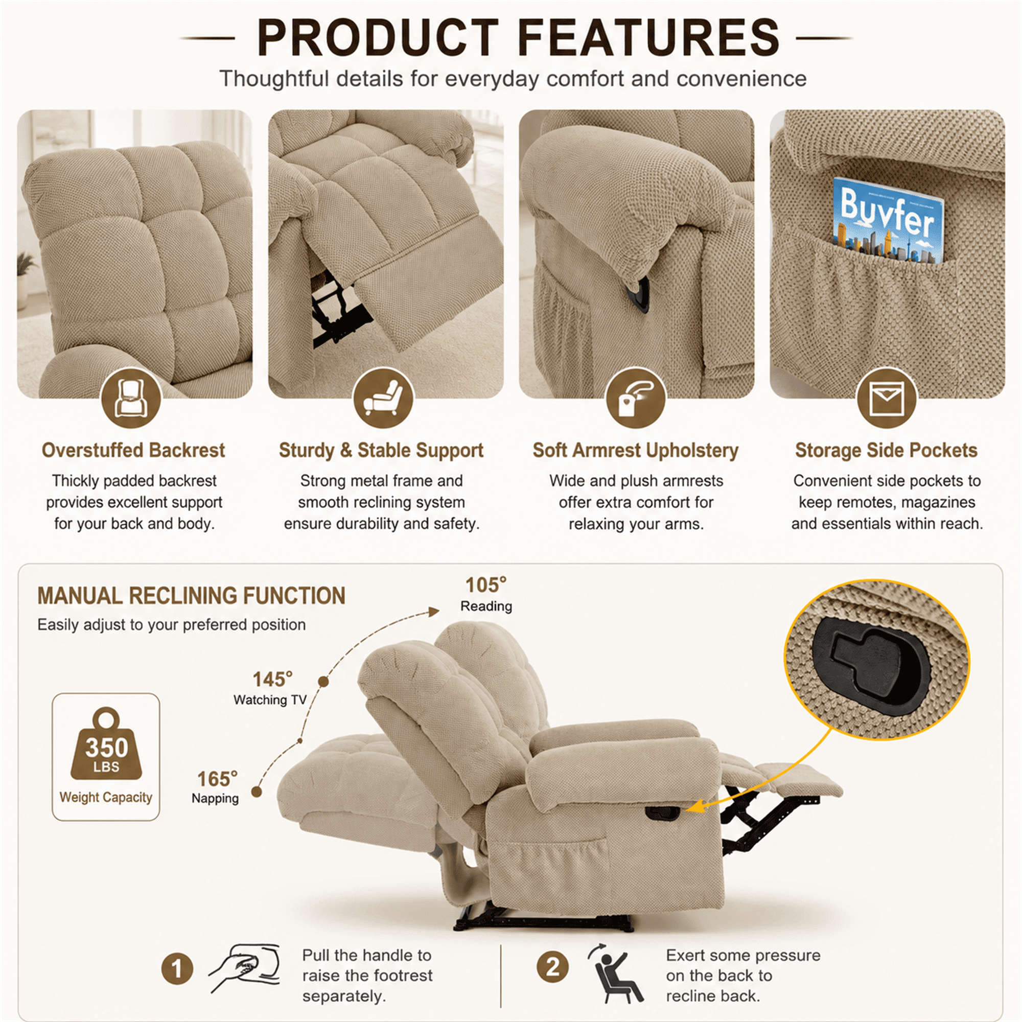 Homy Casa Overstuffed Manual Recliner Chair with Footrest, Fabric Lounge Chair for Nursery and Living Room