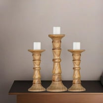 Wallnut Eco-friendly Handmade Mango Wood Set Of Three 9",12" & 9" Pillar Candle Holder for use, Living Room, Dinning Room, Study Room, Spa, Restaurants, Place Of Worship, etc