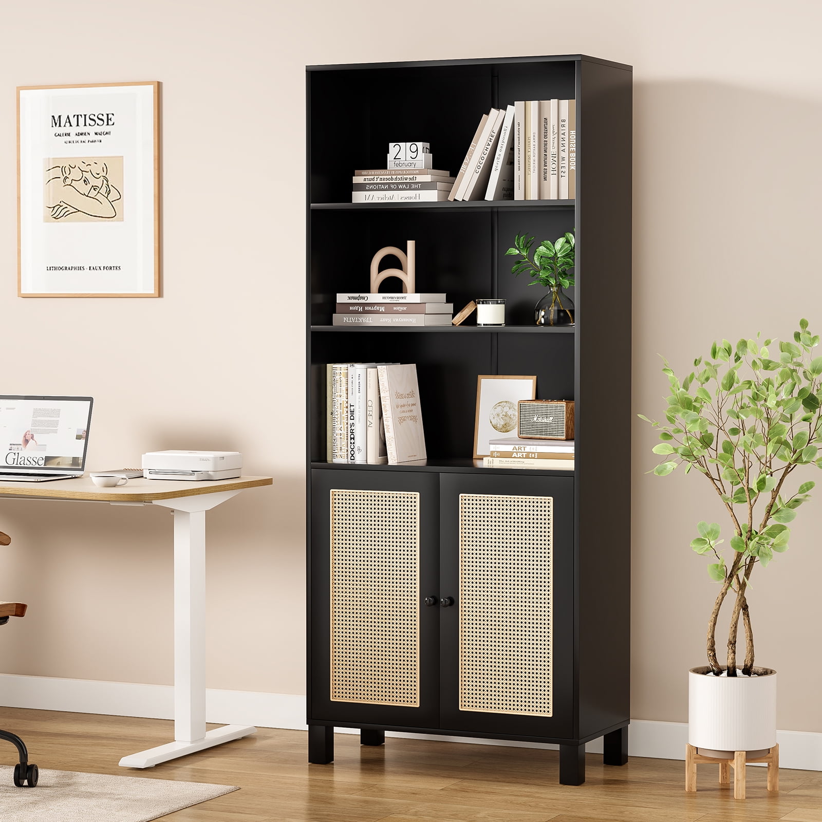 Aukfa Tall Storage Cabinet with Rattan Doors, 5-Tier Wooden Bookcase, Farmhouse Multi-Purpose Cabinet for Living Room,Black