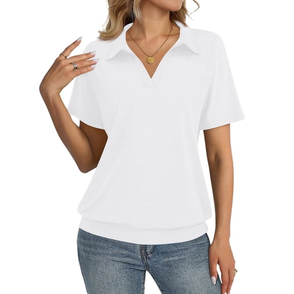 Polo Shirts for Women Short Sleeve Lapel Collared Athletic Golf Shirts Work Business Casual V Neck Shirt White XL