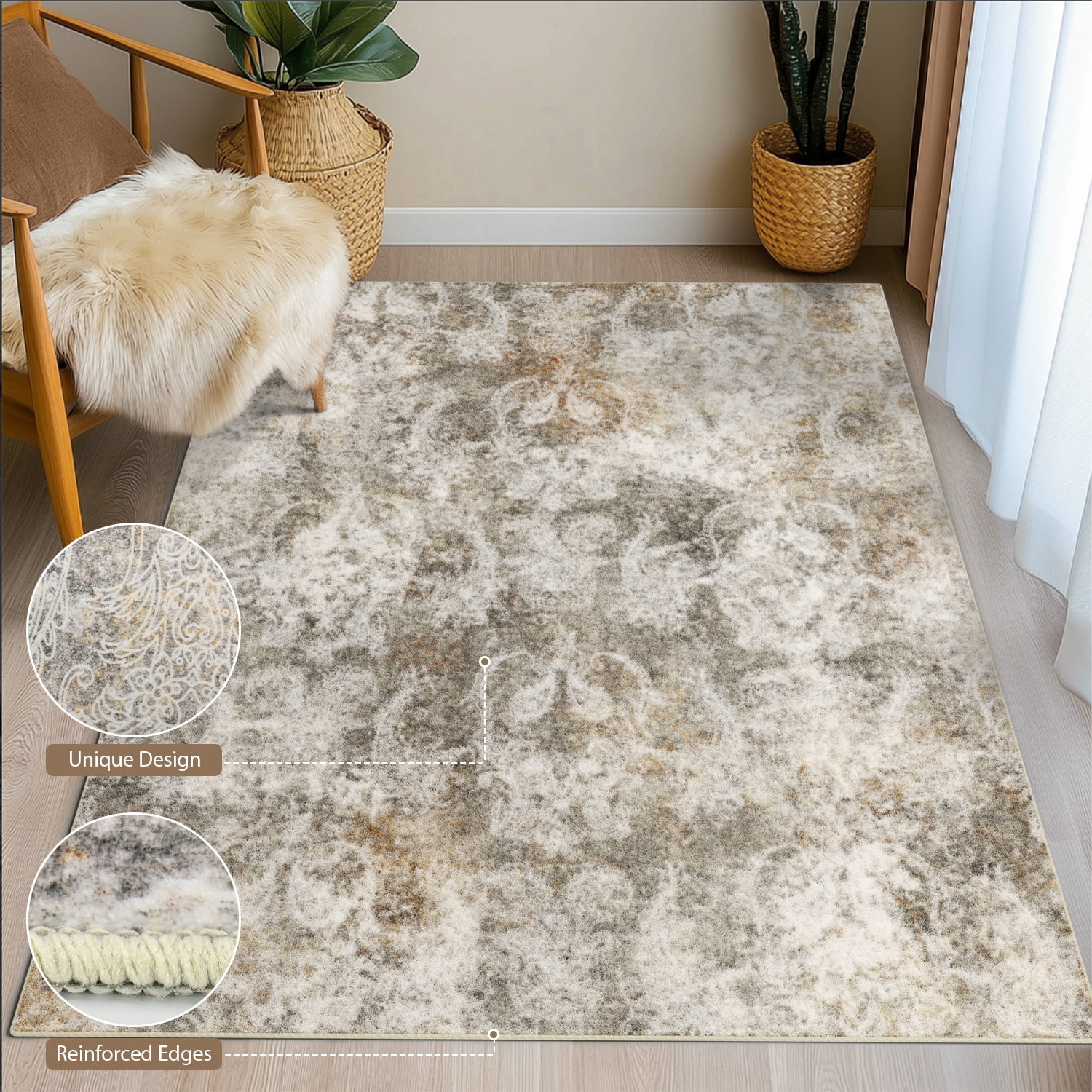 Washable Area Rug for Living Room, NovDeco 8'x10' Boho Blue Floral Print Indoor Rug, Soft Low Pile & Stain Resistant Carpet for Bedroom Dining Room