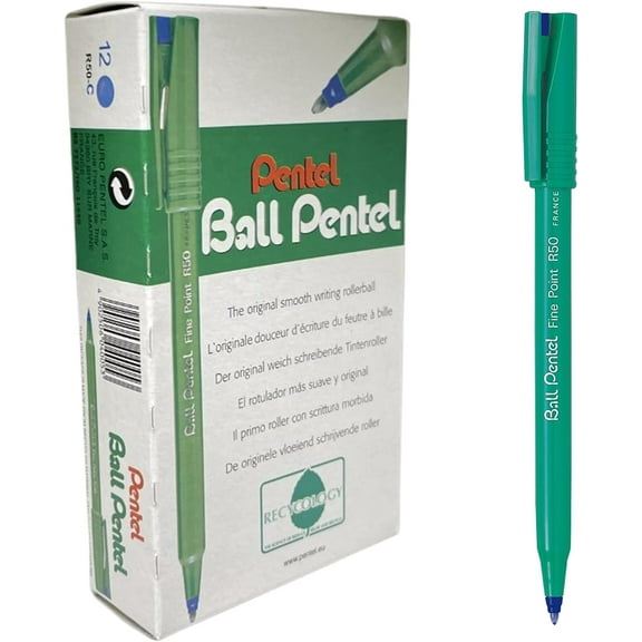 Pentel R50 Rollerball Pen Green Barrel Water-based 0.8mm Tip 0.4mm Line Blue Ref R50-C [Pack of 12]