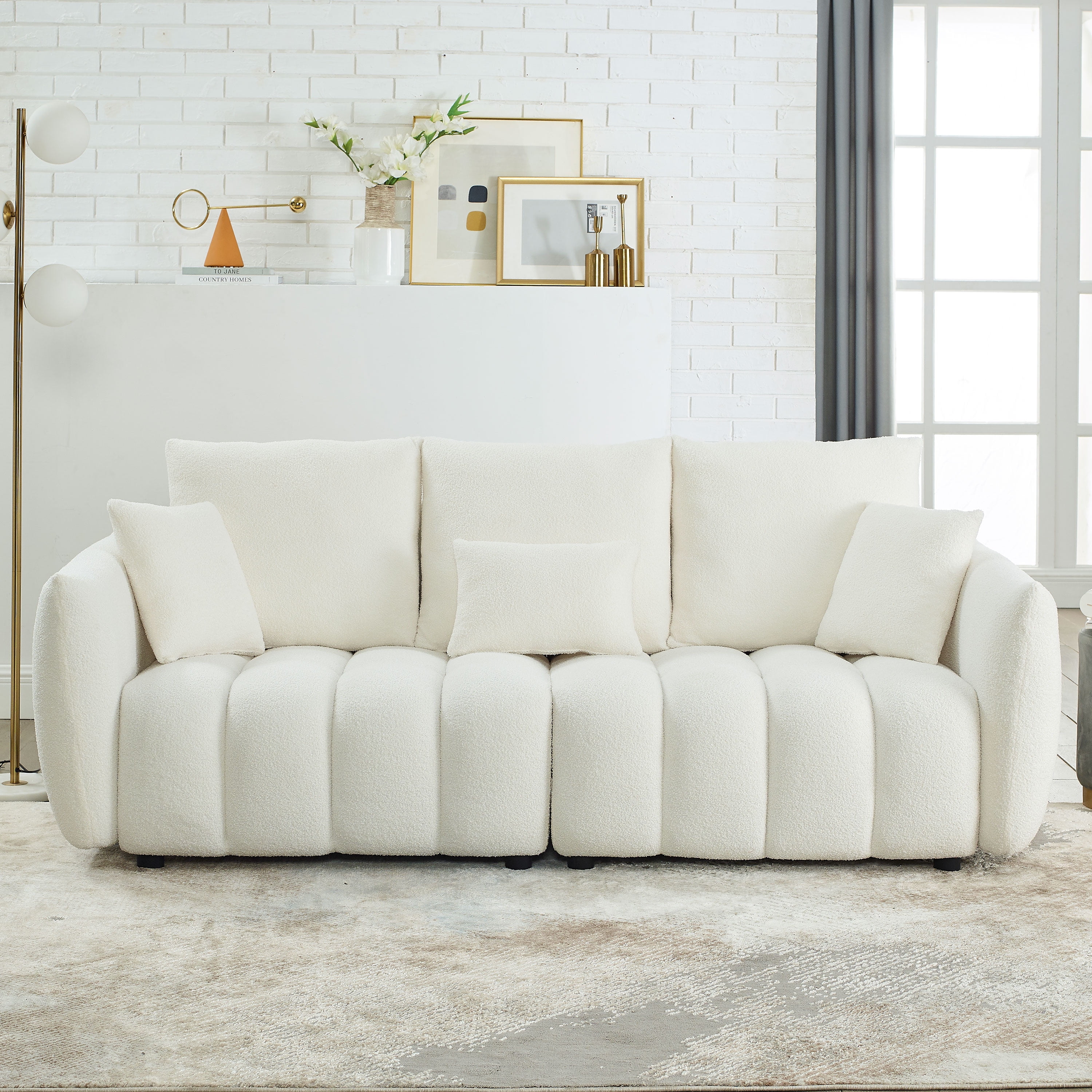3-Seater Sofa with 3 Back Pillows and Solid Wood Frame, 79.5-Inch Teddy Fleece Oversized Upholstered Couch for Living Room, Beige