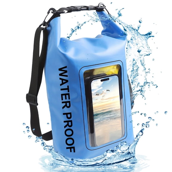 TJS IP68 Waterproof Dry Bag 5L Roll Top Waterproof Backpack Built-in Phone Pouch for Travel Swimming Boating Kayaking Camping Beach Accessories (Blue)