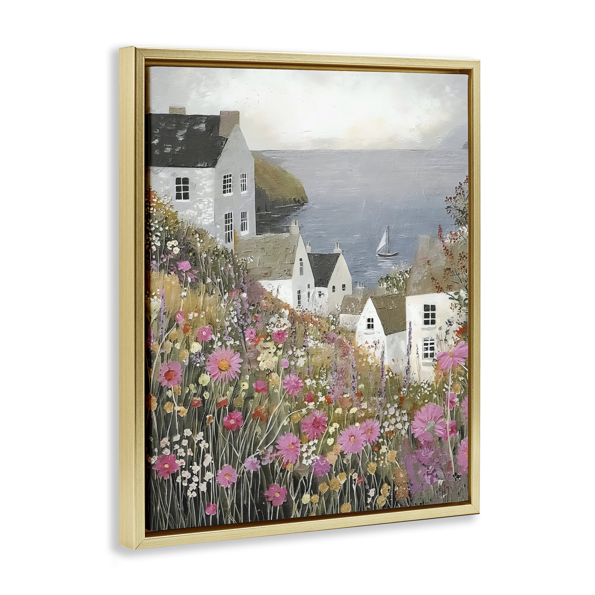 Stupell Industries Picturesque Village over Sea Gold Framed Floater Canvas Wall Art, design by Riley B