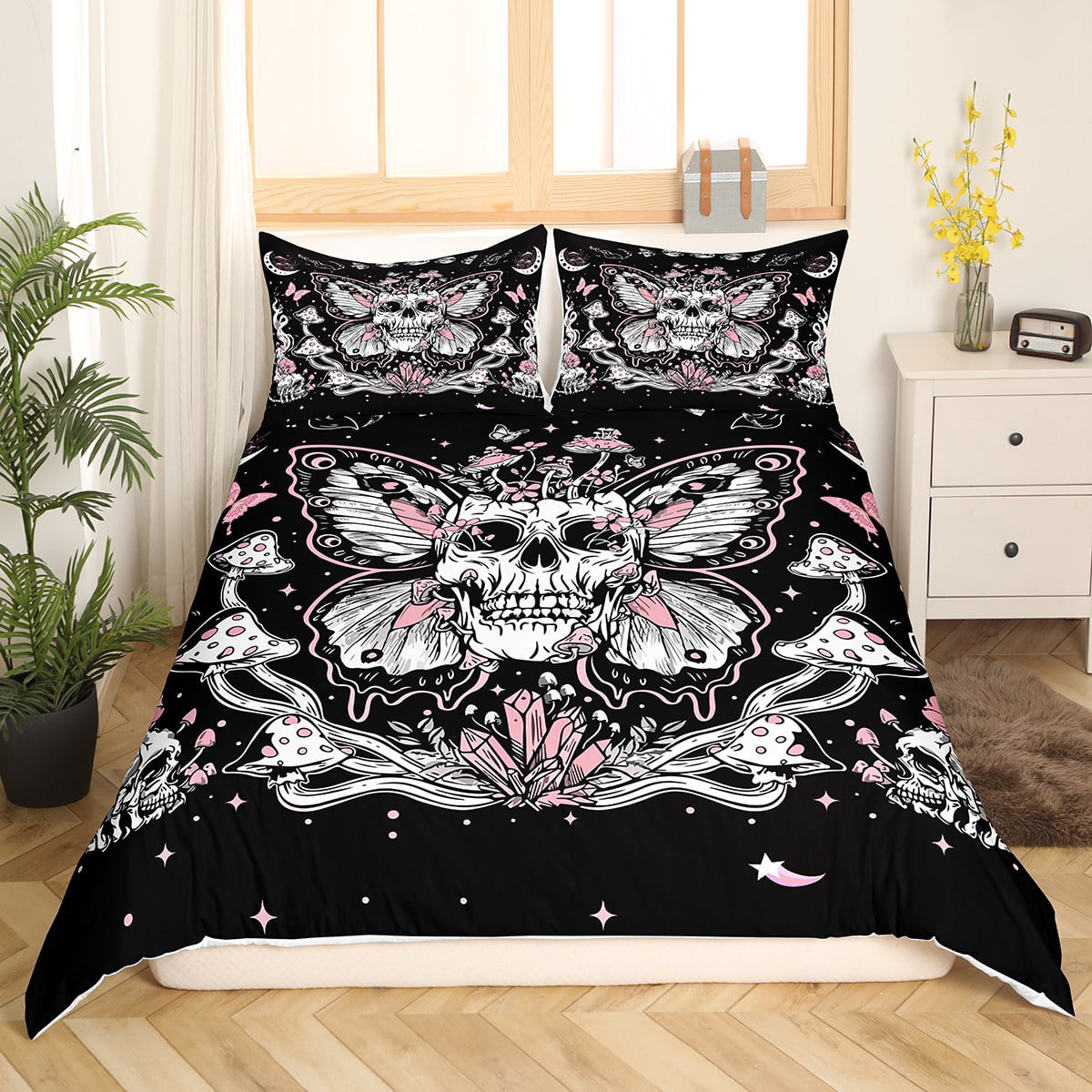 YST Gothic Skull Bed Set for King Bed Hippie Butterfly Duvet Cover for  Girls, Trippy Mushroom Bedding Set King Black White Pink Comforter Cover,  Horror Death Skeleton Bed Cover Breathable 