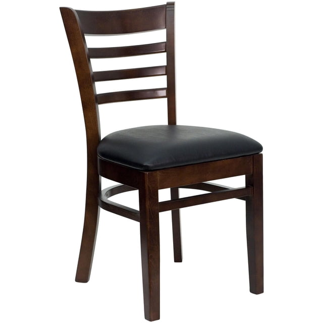 Chaise de restaurant de la série HERCULES en bois de noyer à dossier échelle - siège en vinyle noir