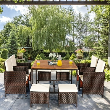 Costway 9PCS Patio Rattan Dining Set Cushioned Chairs Ottoman Wood Table Top White