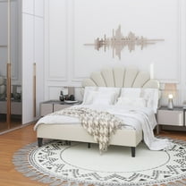 Queen Size Upholstered Platform Bed with Flower Pattern Velvet Headboard, Beige