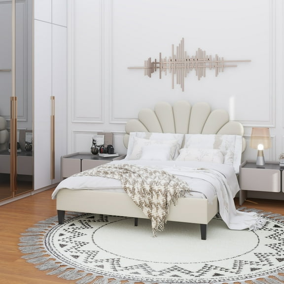 Queen Size Upholstered Platform Bed with Flower Pattern Velvet Headboard, Beige