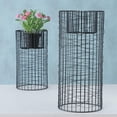 thumbnail image 2 of Modernist Home Plant Stands, Black Iron, Woven Wire Mesh Columns, Rolled Base Rim, 15.75 and 21.75 Inches, 2 of 7