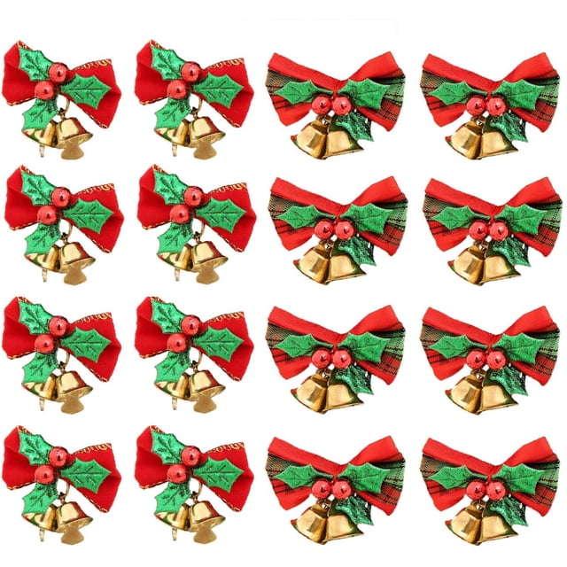 Paquete de 16 lazos navideños con cascabeles, mini lazos navideños, artesanía, regalo, adorno para colgar en el árbol de Navidad