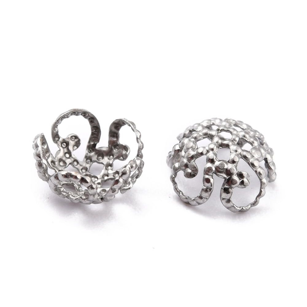 1000pcs Tarnish Resistant 5-Petal 304 Stainless Steel Bead Caps Stainless Steel color 8x4mm Hole: 1mm