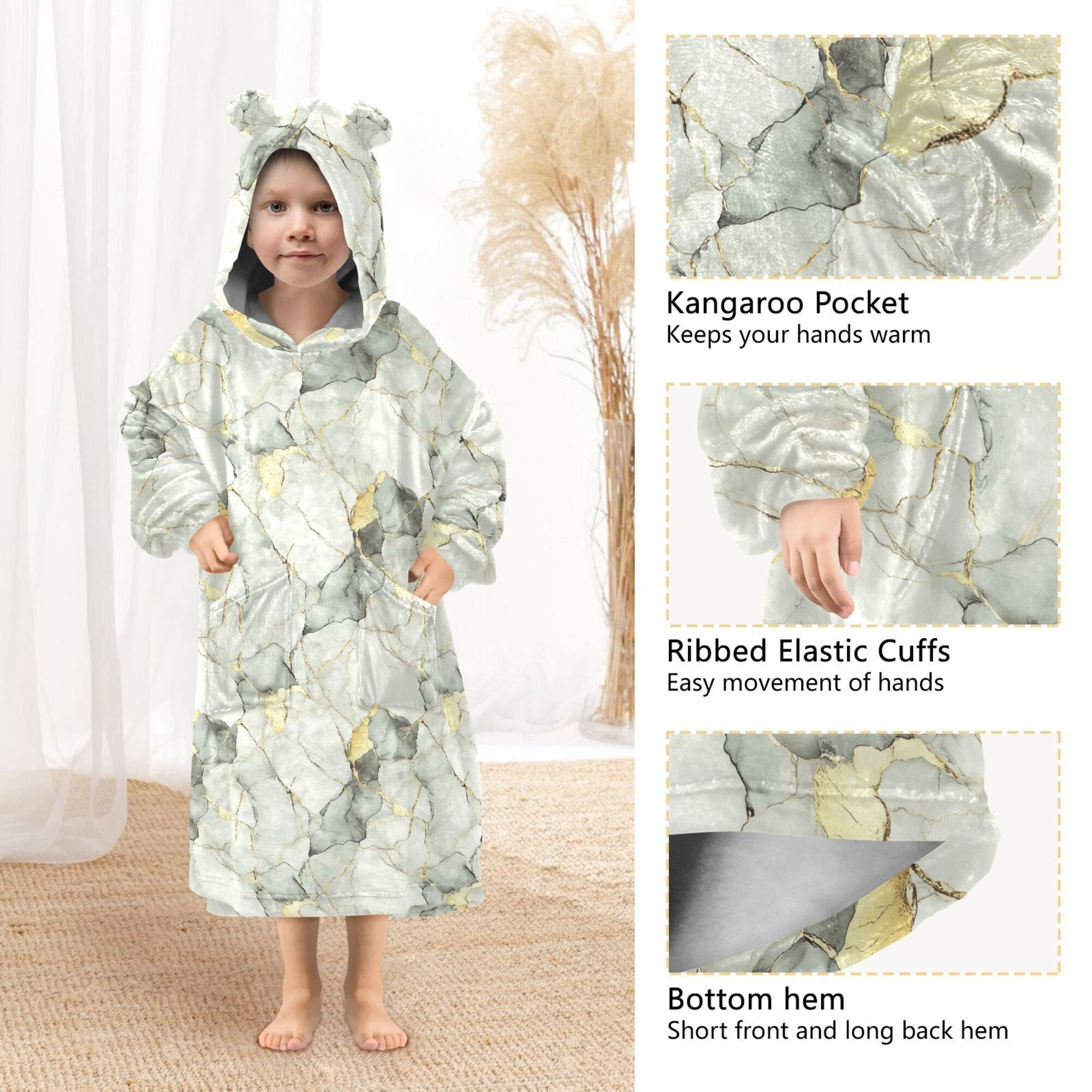 FORMRS Wearable Blanket Hoodie with Sleeves for Kids Cozy Flannel Sweatshirt, Gray Marble Pattern