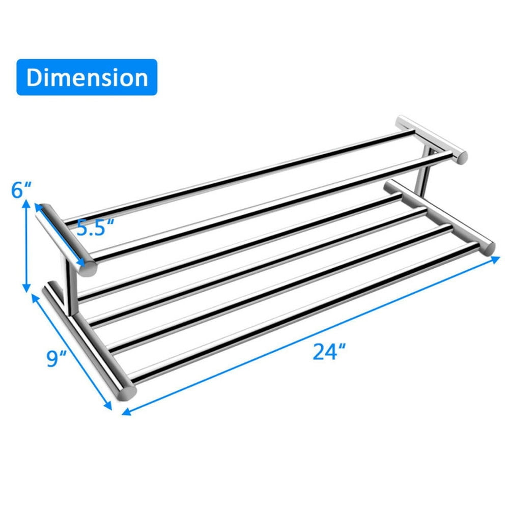 Finihen Towel Rack, Towel Holder, 24 Inch Wall Mounted Stainless Steel Towel Storage Rack with 2 Storage Tier, for Bathroom, Silver