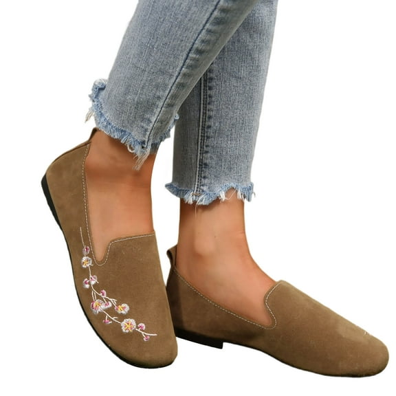 Women's Lightweight Ballet Flat Shoes Flora Embroidery Comfortable Slip On Dress Shoes Casual Non Slip Loafers Brown Size 8.5