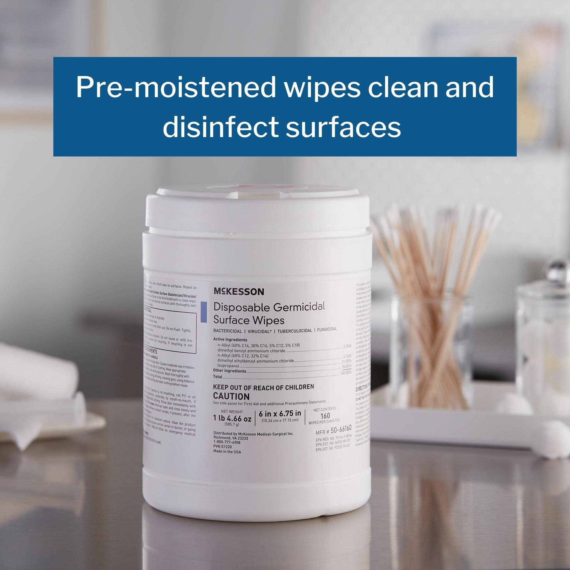 McKesson Germicidal Surface Wipes, Pre-Moistened Alcohol Cleaning Wipes for Hard Surfaces, Non-Woven Cloth - 6 in x 6 3/4 in, 160 Wipes, 1 Pack