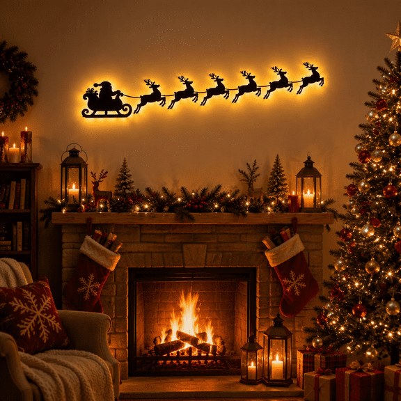 Illuminated Wooden Reindeer Sleigh Wall Decor, Wireless Remote Light‑Up Santa Sleigh Silhouette Wall Art, LED Christmas Wall Hanging for Home Display