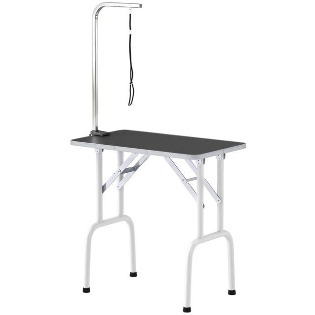 Foldable Dog Grooming Table - 32" Black Adjustable Pet Grooming Station with Non-Slip Surface & Leash for Home or Professional Use, Metal Frame
