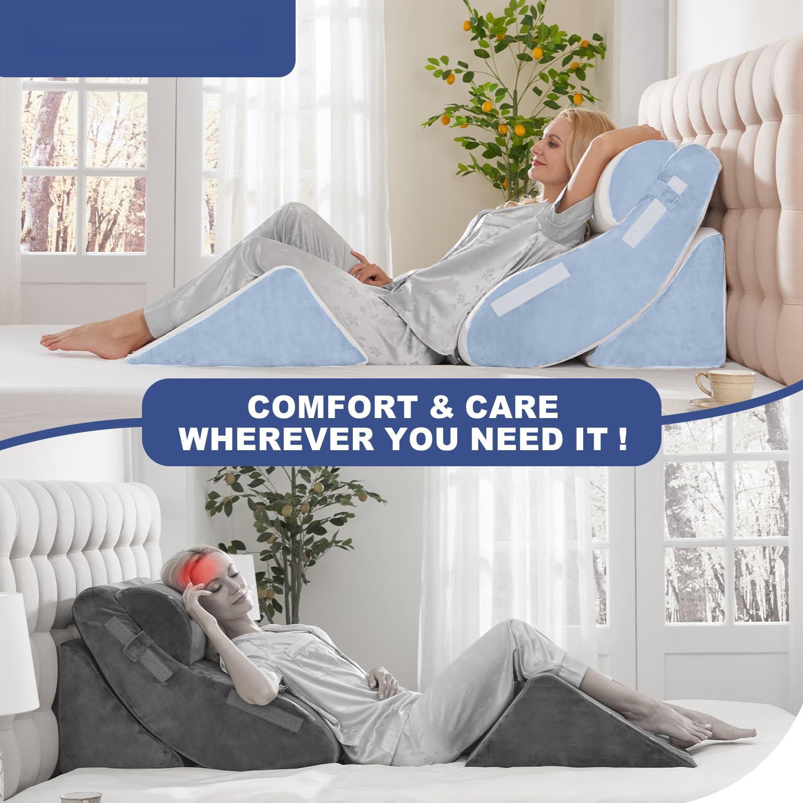 4pcs Wedge Pillow Set For Sleeping - Bed  Adjustable Memory Foam Support Sitting Up In White Blue